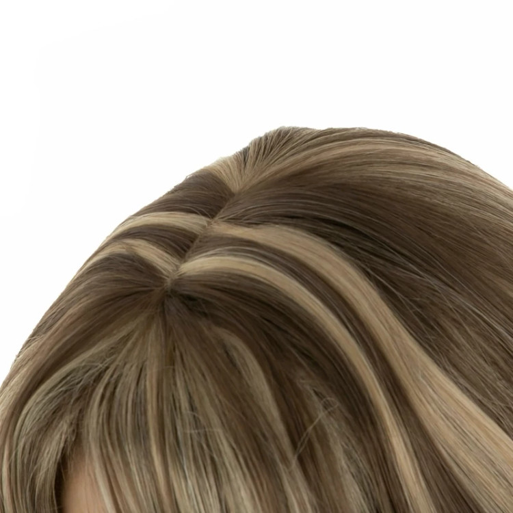 تصویر کلاه گیس مدل مصری (باب)، رنگ زیتونی هایلایت بلوند تیره، ظاهری مدرن و شیک