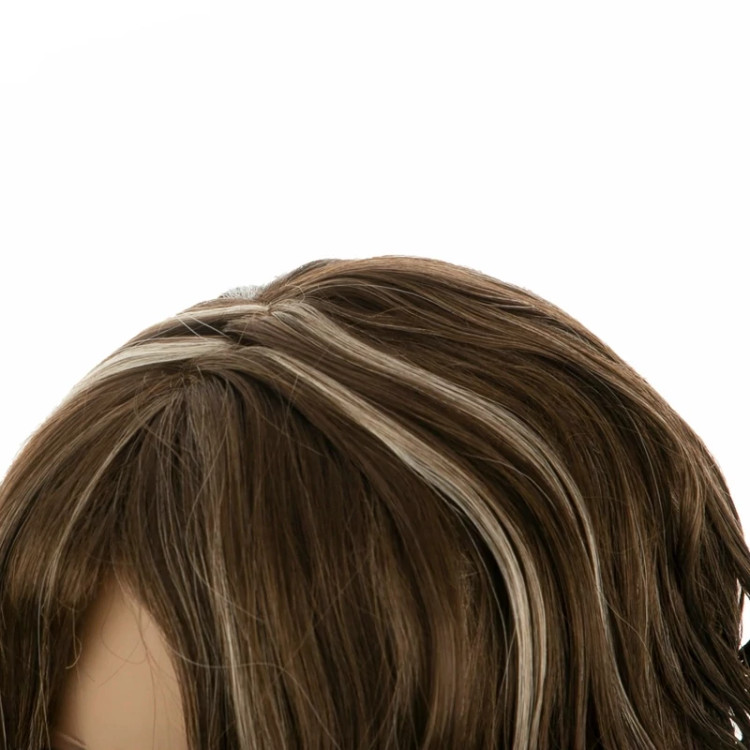 کلاه گیس فر ۷۵ سانتی با حجم عالی، ترکیب رنگ قهوهای خاکی و هایلایت بلوند روشن