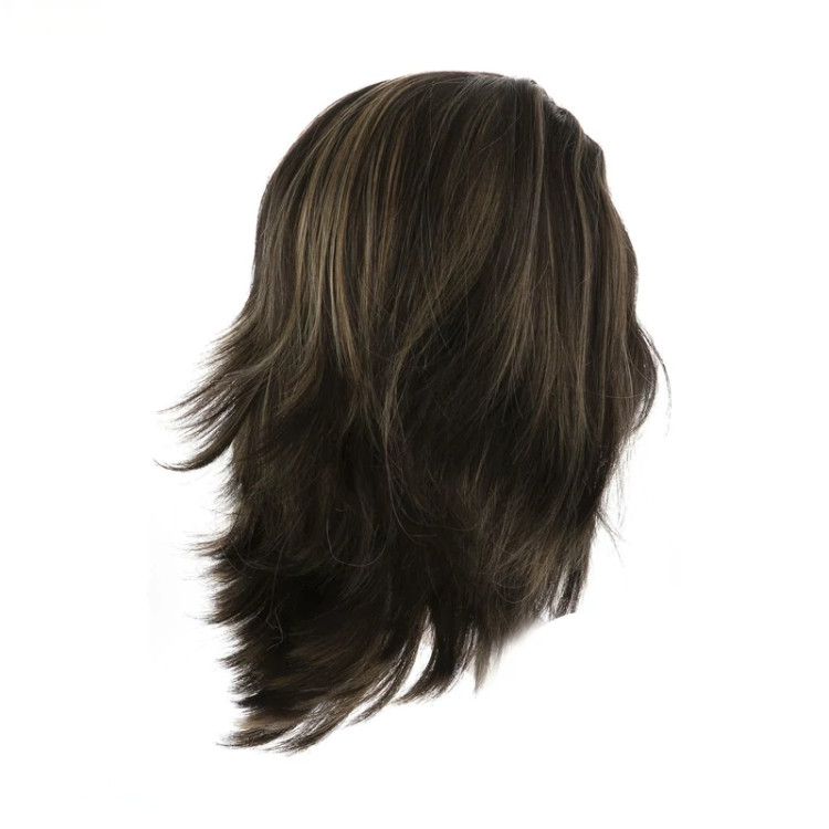 کلاه گیس ۳۵ سانتی پرحجم، رنگ قهوهای تیره و طلایی، الیاف ابریشم حرارتی و ضد حساسیت