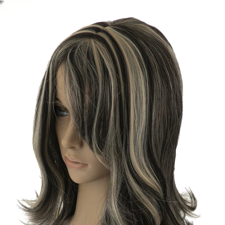 جزئیات بافت کلاه گیس صاف مشکی هایلایت، با طول بلند (۵۰ سانت) و فرق ثابت طبیعی